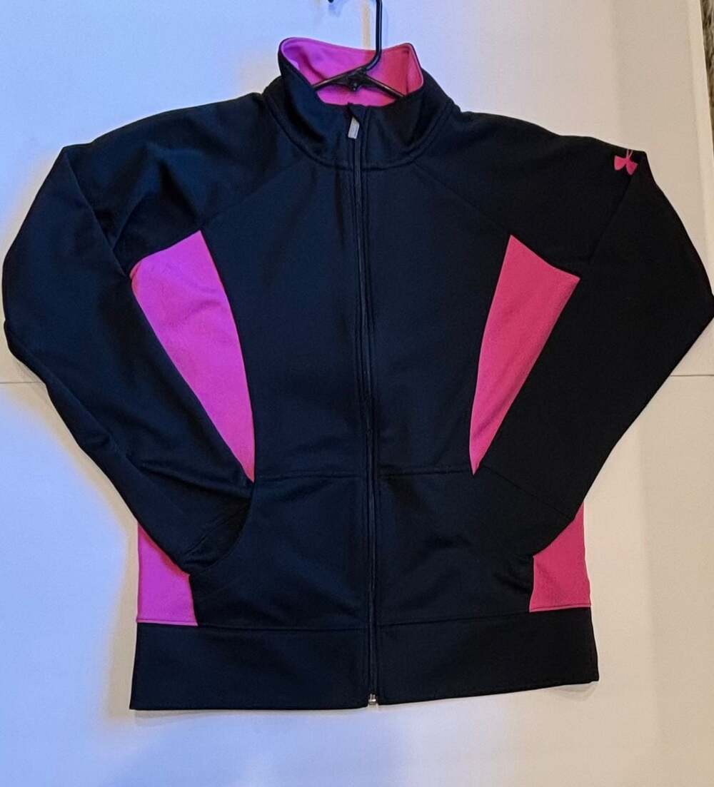 Under Armour Women's Track Jacket-Semi Fitted-Size S-Black Pink-Zip Front-Collar